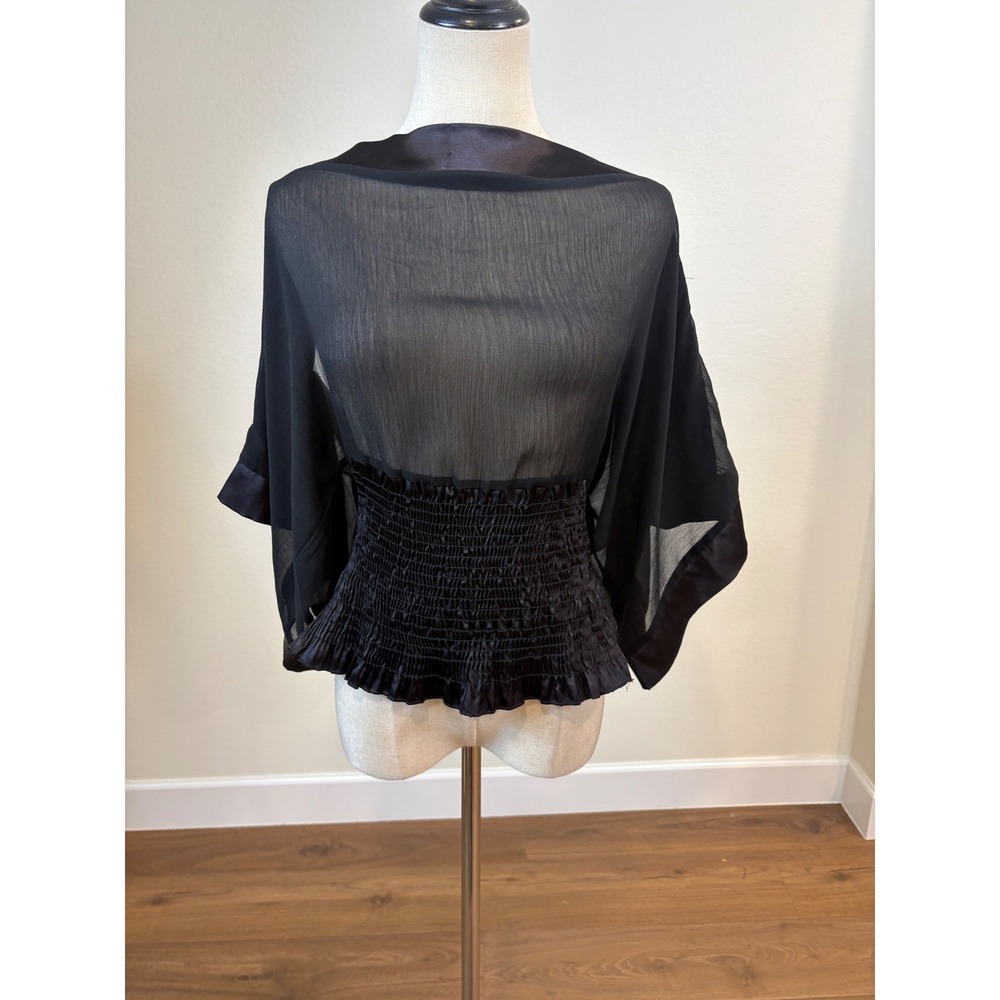 Vtg Y2K Cklass Fasionline Blouse M Black Sheer Smocked Kimono Sleeve Whimsigoth